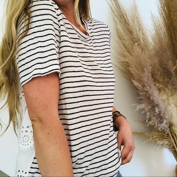 JOIE White Blue Striped Ruffle Tiered Eyelet Lace Back Tee Shirt Relaxed Top S - Picture 6 of 10